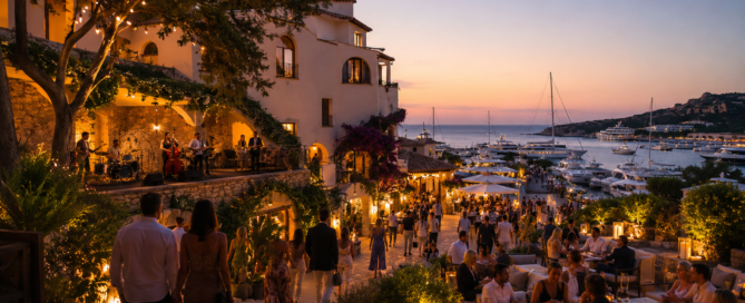 Summer evening event in Porto Cervo overlooking the marina during the 2026 Costa Smeralda season